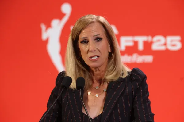 Apr 14, 2025; New York, New York, USA; WNBA commissioner Cathy Engelbert talks to the media before the 2025 WNBA Draft at The Shed at Hudson Yards. Mandatory Credit: Vincent Carchietta-Imagn Images© Vincent Carchietta-Imagn Images