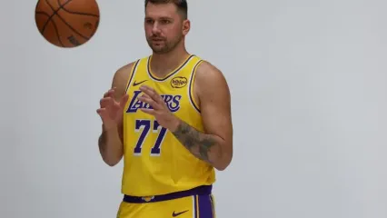 El Segunda, CA, Monday, September 29, 2025 - Luka Doncic poses for photos at Lakers media day at UCLA Health Training Center. (Robert Gauthier/Los Angeles Times)