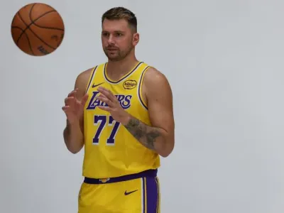 El Segunda, CA, Monday, September 29, 2025 - Luka Doncic poses for photos at Lakers media day at UCLA Health Training Center. (Robert Gauthier/Los Angeles Times)