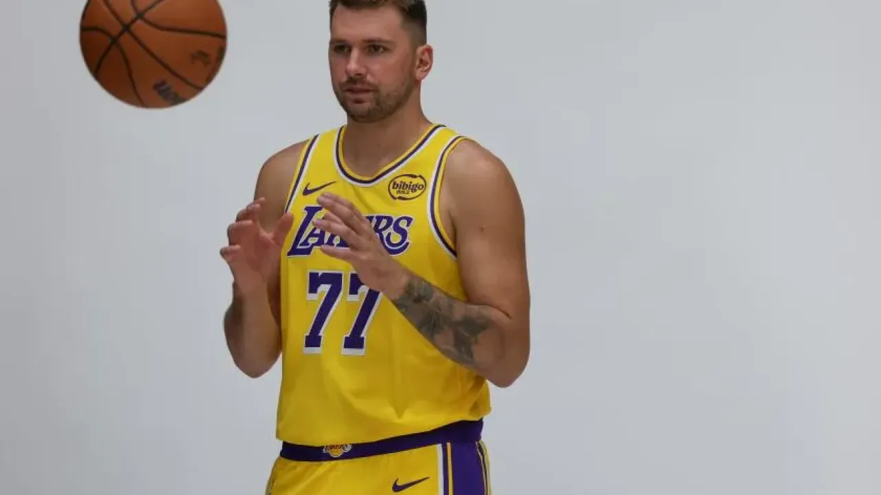 El Segunda, CA, Monday, September 29, 2025 - Luka Doncic poses for photos at Lakers media day at UCLA Health Training Center. (Robert Gauthier/Los Angeles Times)