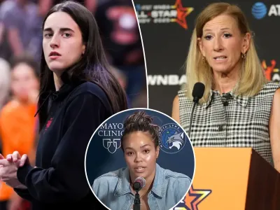 An image collage containing 3 images, Image 1 shows Caitlin Clark, Image 2 shows WNBA commissioner Cathy Engelbert was ripped over her “negligent” governance. , Image 3 shows Napheesa Collier