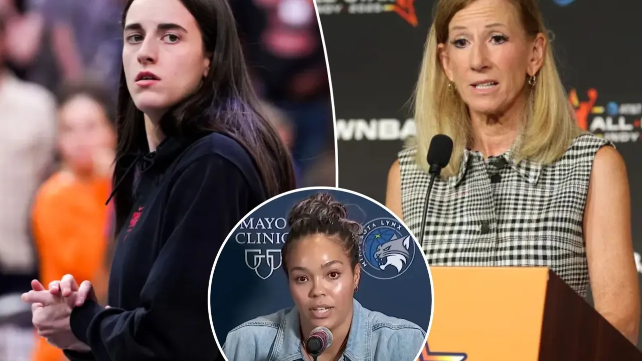 An image collage containing 3 images, Image 1 shows Caitlin Clark, Image 2 shows WNBA commissioner Cathy Engelbert was ripped over her “negligent” governance. , Image 3 shows Napheesa Collier