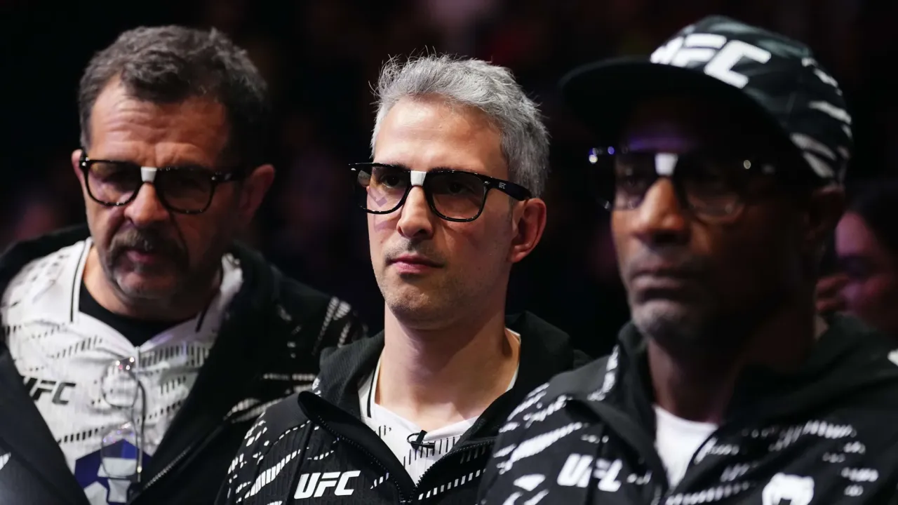 PARIS, FRANCE - SEPTEMBER 06: Coach Pablo Sucupira (center) is seen in the corner of Caio Borralho of Brazil during the UFC Fight Night event at The Accor Arena on September 06, 2025 in Paris, France. (Photo by Jeff Bottari/Zuffa LLC)