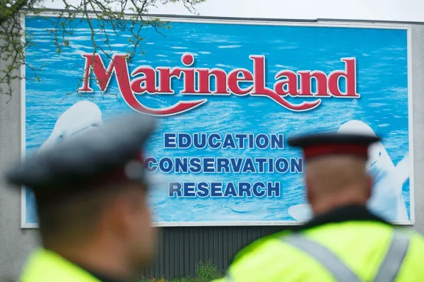 Police officers block protestors from an entrance to Marineland grounds in Niagara Falls, Ontario, Canada, on May 20, 2023. (Alex Lupul/The Canadian Press via AP)(ASSOCIATED PRESS)
