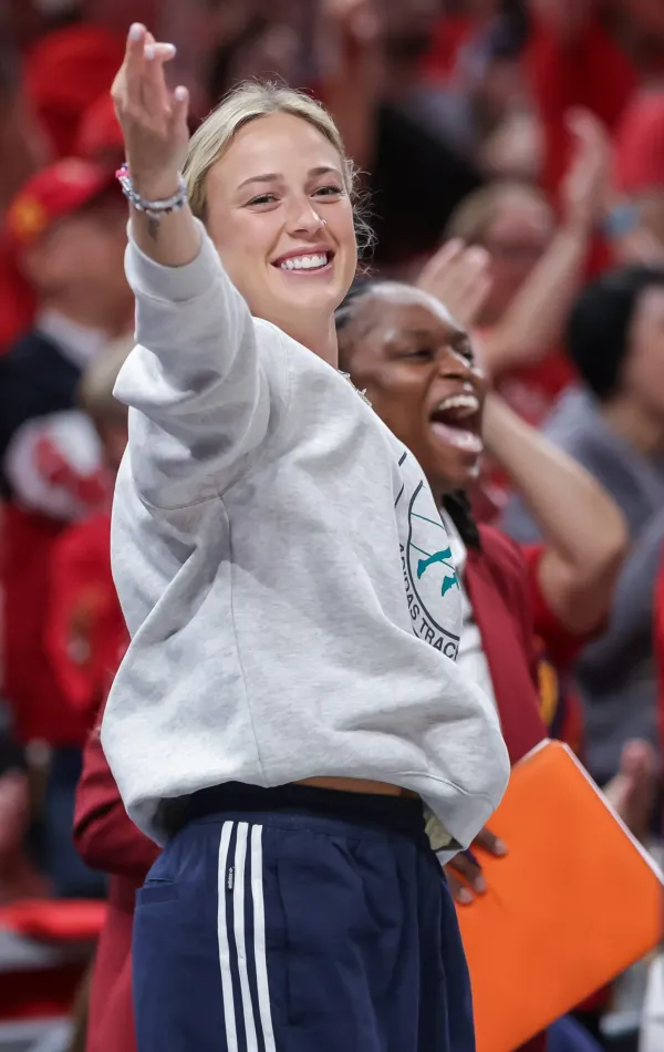 INDIANAPOLIS, INDIANA - SEPTEMBER 16: Sophie Cunningham #8 of the Indiana Fever reacts during the second half against the Atlanta Dream in game two of the first round of WNBA Playoffs at Gainbridge Fieldhouse on September 16, 2025 in Indianapolis, Indiana.