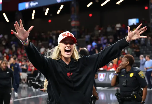 COLLEGE PARK, GEORGIA - SEPTEMBER 18: Sophie Cunningham #8 of the Indiana Fever celebrates their 87-85 win in game three of the first round of WNBA Playoffs between the Indiana Fever and Atlanta Dream at Gateway Center Arena on September 18, 2025 in College Park