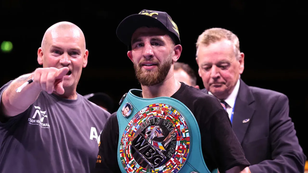 Nathaniel Collins (centre) celebrates following victory against Lee McGregor (not pictured) in the WBC Silver Featherweight bout at the OVO Hydro, Glasgow. Picture date: Saturday May 24, 2025. (Photo by Steve Welsh/PA Images via Getty Images)