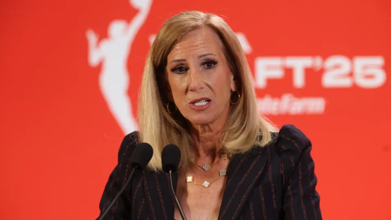 Apr 14, 2025; New York, New York, USA; WNBA commissioner Cathy Engelbert talks to the media before the 2025 WNBA Draft at The Shed at Hudson Yards. Mandatory Credit: Vincent Carchietta-Imagn Images© Vincent Carchietta-Imagn Images