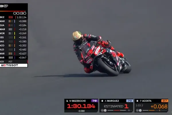 Pebalap Aprilia, Marco Bezzecchi, tampil tercepat di sesi kualifikasi MotoGP San Marino 2025 yang bergulir di Sirkuit Misano, Italia, pada Sabtu (13/9/2025). Kini, Bezzecchi juga tercepat di kualifikasi 2 MotoGP Mandalika 2025.