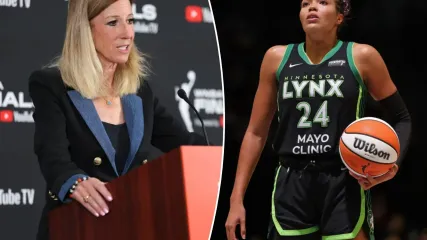 An image collage containing 2 images, Image 1 shows WNBA Commissioner Cathy Engelbert speaks at a podium with the WNBA Finals Presented by YouTube TV logo, Image 2 shows Napheesa Collier of the Minnesota Lynx holding a basketball