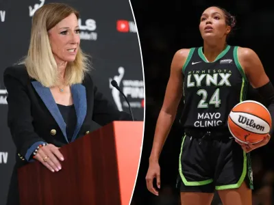 An image collage containing 2 images, Image 1 shows WNBA Commissioner Cathy Engelbert speaks at a podium with the WNBA Finals Presented by YouTube TV logo, Image 2 shows Napheesa Collier of the Minnesota Lynx holding a basketball