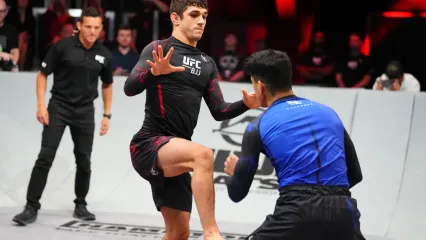 LAS VEGAS, NEVADA – OCTOBER 02: Mikey Musumeci faces off against Keven Carrasco in the UFC BJJ bantamweight championship match during the UFC BJJ 3 event at UFC APEX on October 02, 2025 in Las Vegas, Nevada.