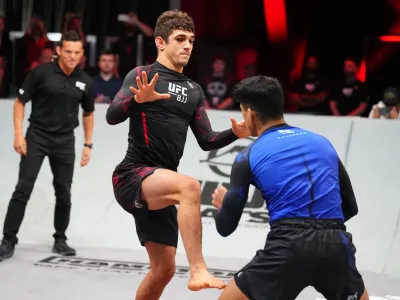 LAS VEGAS, NEVADA – OCTOBER 02: Mikey Musumeci faces off against Keven Carrasco in the UFC BJJ bantamweight championship match during the UFC BJJ 3 event at UFC APEX on October 02, 2025 in Las Vegas, Nevada.