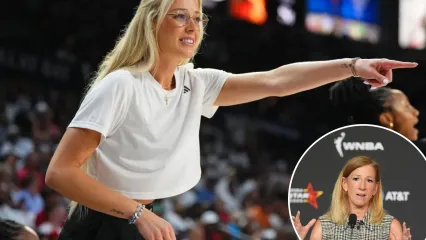 An image collage containing 2 images, Image 1 shows Sophie Cunningham #8 of the Indiana Fever smiles during the game against the Las Vegas Aces during Round 2 Game 1 of the Semi-Finals on September 21, 2025 at Michelob ULTRA Arena n Las Vegas, Nevada, Image 2 shows WNBA Commissioner Cathy Engelbert speaks during a news conference before the WNBA All-Star basketball game, Saturday, July 19, 2025, in Indianapolis