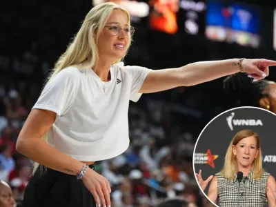 An image collage containing 2 images, Image 1 shows Sophie Cunningham #8 of the Indiana Fever smiles during the game against the Las Vegas Aces during Round 2 Game 1 of the Semi-Finals on September 21, 2025 at Michelob ULTRA Arena n Las Vegas, Nevada, Image 2 shows WNBA Commissioner Cathy Engelbert speaks during a news conference before the WNBA All-Star basketball game, Saturday, July 19, 2025, in Indianapolis