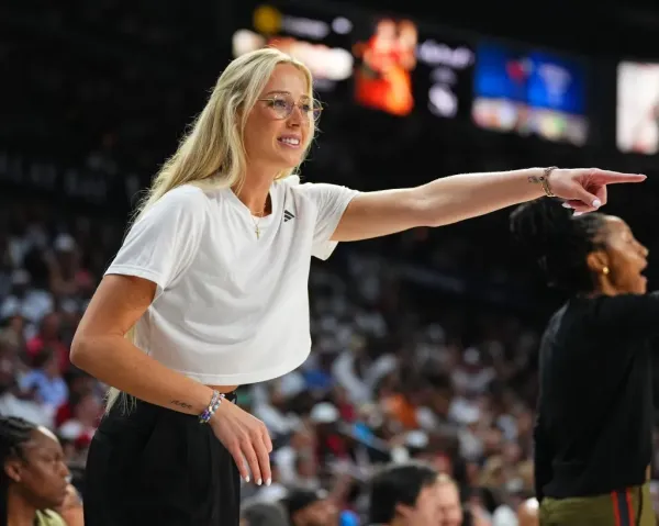 Sophie Cunningham of the Indiana Fever smiles during the game against the Las Vegas Aces during Round 2 Game 1 on September 21, 2025 at Michelob ULTRA Arena in Las Vegas, Nevada. NBAE via Getty Images