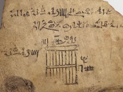 An order for four windows, 1295&#x002013;1186 BCE. It is on a piece of stone or pottery which has writing along the top and beneath it a picture of a rectangle with bars and on the right the small stick figure of a man with upraised arms.