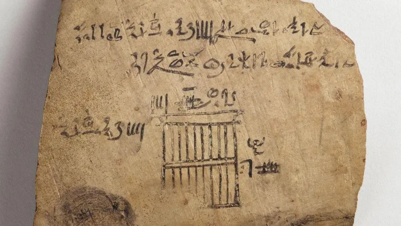 An order for four windows, 1295&#x002013;1186 BCE. It is on a piece of stone or pottery which has writing along the top and beneath it a picture of a rectangle with bars and on the right the small stick figure of a man with upraised arms.