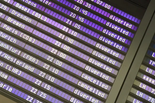 Screens at the Munich Airport show diverted and canceled flights after the airport suspended operations due to possible new drone sightings Friday, Oct. 3, 2025, in Munich. (Enrique Kaczor/dpa via AP)(ASSOCIATED PRESS)