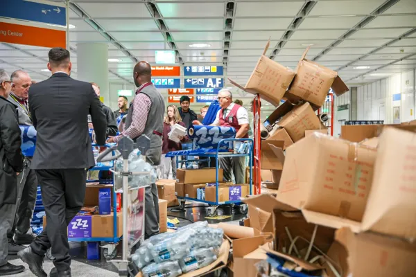 Drinks and snacks are distributed after possible drone sightings closed Munich Airport, Saturday, Oct. 4, 2025, in Munich, Germany. (Enrique Kaczor/onw-images/dpa via AP)(ASSOCIATED PRESS)