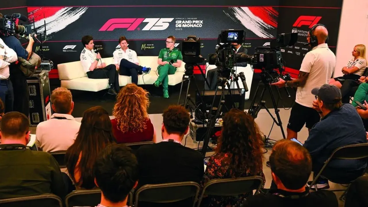 Toto Wolff, Executive Director of Mercedes AMG F1 Team James Vowles, Team Principal of Williams and Andy Cowell, Team Principal and Group CEO at Aston Martin F1 Team in the Team Principals Press Conference