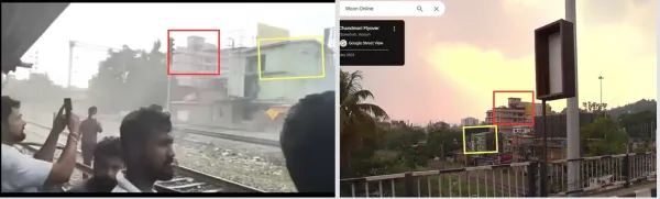 <span>Screenshot comparison of the falsely shared video (left) and Google Street View imagery of Guwahati, with corresponding features highlighted by AFP </span>