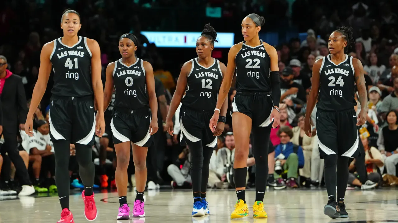 Sep 30, 2025; Las Vegas, Nevada, USA; Las Vegas Aces center Kiah Stokes (41), Las Vegas Aces guard Jackie Young (0), Las Vegas Aces guard Chelsea Gray (12), Las Vegas Aces center A&#39;ja Wilson (22), and Las Vegas Aces guard Jewell Loyd (24) take the court after an Indiana Fever time out in the fourth quarter of game five of the second round for the 2025 WNBA Playoffs at Michelob Ultra Arena. Mandatory Credit: Stephen R. Sylvanie-Imagn Images