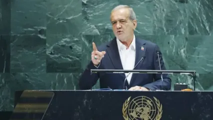 RANIAN PRESIDENT Masoud Pezeshkian addresses the UN General Assembly on Wednesday. He said nothing about the suffocating poverty and unemployment that define daily life for the very people he claims to represent, the writer maintains. (credit: JEENAH MOON/REUTERS)