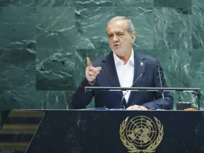 RANIAN PRESIDENT Masoud Pezeshkian addresses the UN General Assembly on Wednesday. He said nothing about the suffocating poverty and unemployment that define daily life for the very people he claims to represent, the writer maintains. (credit: JEENAH MOON/REUTERS)