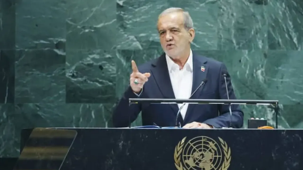 RANIAN PRESIDENT Masoud Pezeshkian addresses the UN General Assembly on Wednesday. He said nothing about the suffocating poverty and unemployment that define daily life for the very people he claims to represent, the writer maintains. (credit: JEENAH MOON/REUTERS)