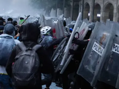 Fifty-seven years after the massacre of students in Plaza Tlatelolco, students, and civil society at large march toward Mexico City&#39;s Zocalo. The event included demonstrations in solidarity with the Palestinian people and clashes between police and some protesters. Cristian Leyva/ZUMA Press Wire/dpa