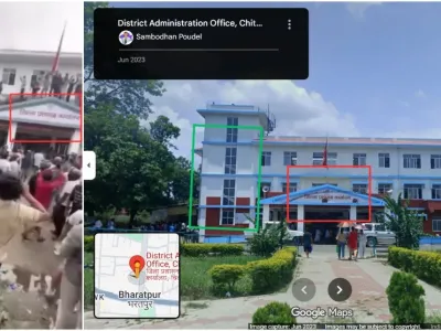 <span>Screenshot comparison of the falsely shared clip (L) and Google Street View imagery of administration office, with similar features highlighted by AFP</span>