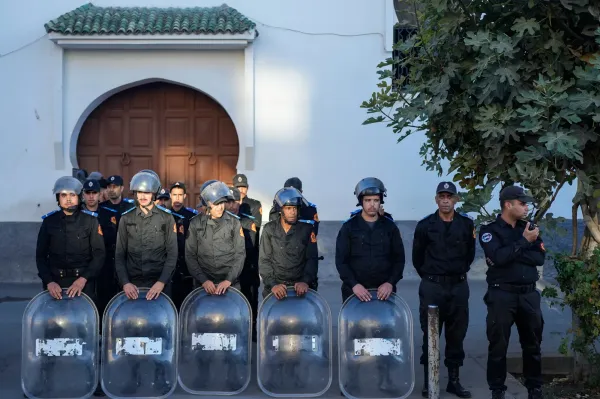 Security forces stand guard as they anticipate a youth led protest calling for education and health reforms, in Casablanca, Morocco, Monday, Sept. 29, 2025. (AP Photo/Mosa'ab Elshamy)(ASSOCIATED PRESS)