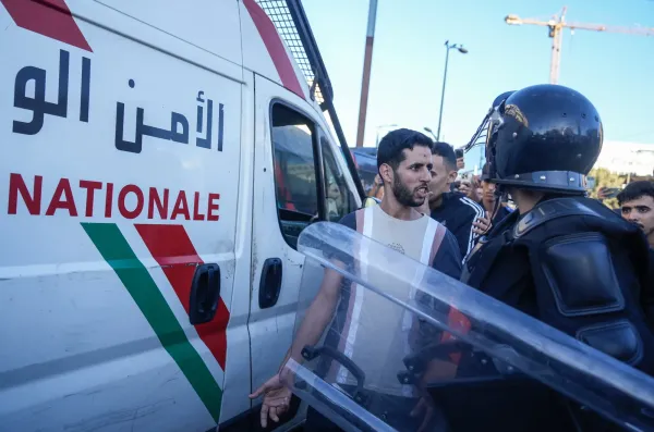 A man is detained while taking part in a youth led protest calling for education and health reforms, in Casablanca, Morocco, Monday, Sept. 29, 2025. (AP Photo/Mosa'ab Elshamy)(ASSOCIATED PRESS)