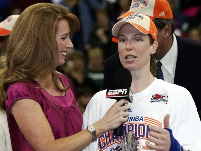 YPSILANTI, MI - OCTOBER 05: Katie Smith #30 of the Detroit Shock is interviewed after winning the MVP Award after the Detroit Shock v San Antonio Silver Stars played in Game 3 of the WNBA Finals at the Eastern Michigan University Convocation Center on October 5, 2008 in Ypsilanti, Michigan. (Photo by Domenic Centofanti/Getty Images)