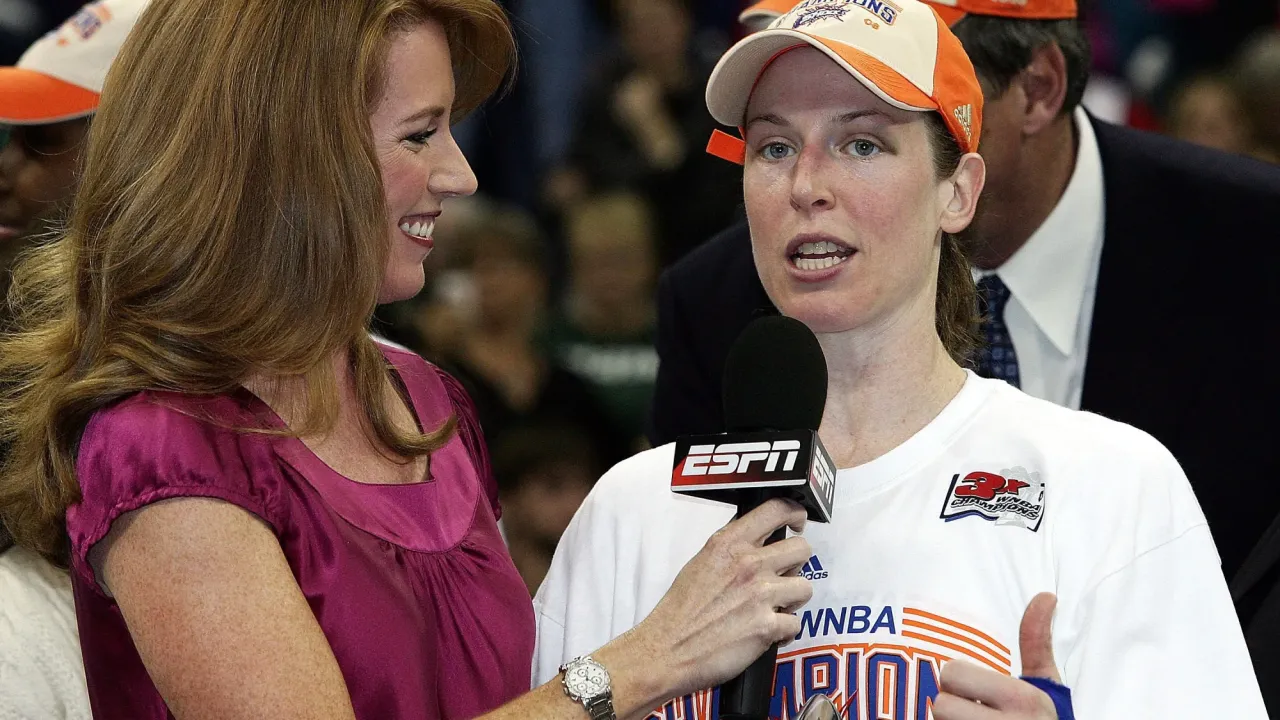 YPSILANTI, MI - OCTOBER 05: Katie Smith #30 of the Detroit Shock is interviewed after winning the MVP Award after the Detroit Shock v San Antonio Silver Stars played in Game 3 of the WNBA Finals at the Eastern Michigan University Convocation Center on October 5, 2008 in Ypsilanti, Michigan. (Photo by Domenic Centofanti/Getty Images)