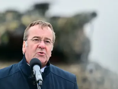 German Minister of Defense Boris Pistorius speaks at the opening of the Permanent Logistics Support Area (PLSA) in support of the NATO eFP Battle Group. Sebastian Christoph Gollnow/dpa