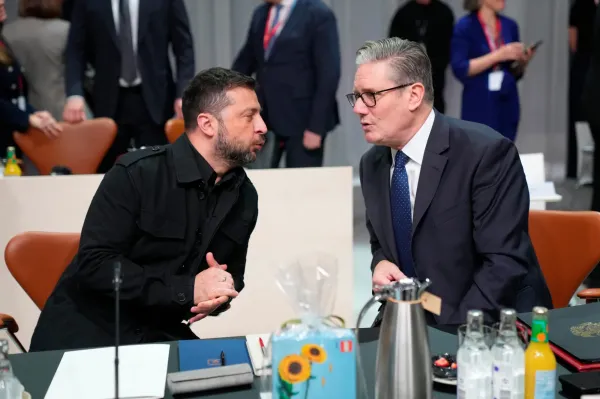 Britain's Prime Minister Kier Starmer, right, talks to Ukraine's President Volodymyr Zelenskyy, left , prior to a meeting of the European Political Community (EPC) in Copenhagen, Denmark, Thursday, Oct. 2, 2025. (Ida Marie Odgaard/Ritzau Scanpix via AP)(ASSOCIATED PRESS)