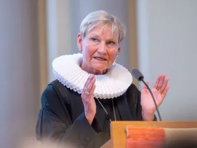 Chair of the Germany&#39;s Evangelical Church (EKD) Council Bishop Kirsten Fehrs speaks to those present at the introductory service for the new President of the Westphalian Church. David Inderlied/dpa