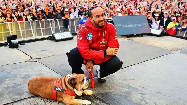 Lewis Hamilton on stage with his dog Roscoe at the 2025 British Grand Prix at Silverstone in July. Fans can be seen congregated around the stage in the background