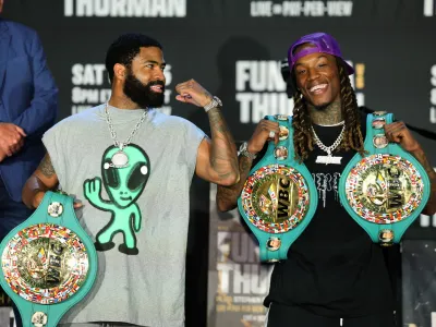 LOS ANGELES, CALIFORNIA - SEPTEMBER 3: (L-R) Stephen Fulton Jr., two-division world champion, and O'Shaquie Foster, the reigning WBC Featherweight World Champion and WBC Super Featherweight World Champion, pose for photographers after a press conference at The Mayan on September 3, 2025 in Los Angeles, California. Fulton Jr. and Foster will fight in Las Vegas, Nevada on October 25, 2025. (Photo by Kevork Djansezian/Getty Images)