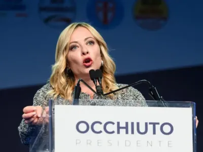 Italian Prime Minister and leader of the Brothers of Italy (FdI) Giorgia Meloni speaks during the electoral rally in support of Roberto Occhiuto, candidate for the Presidency of the Calabria Region, and the other centre-right candidates in the October elections. Valeria Ferraro/ZUMA Press Wire/dpa