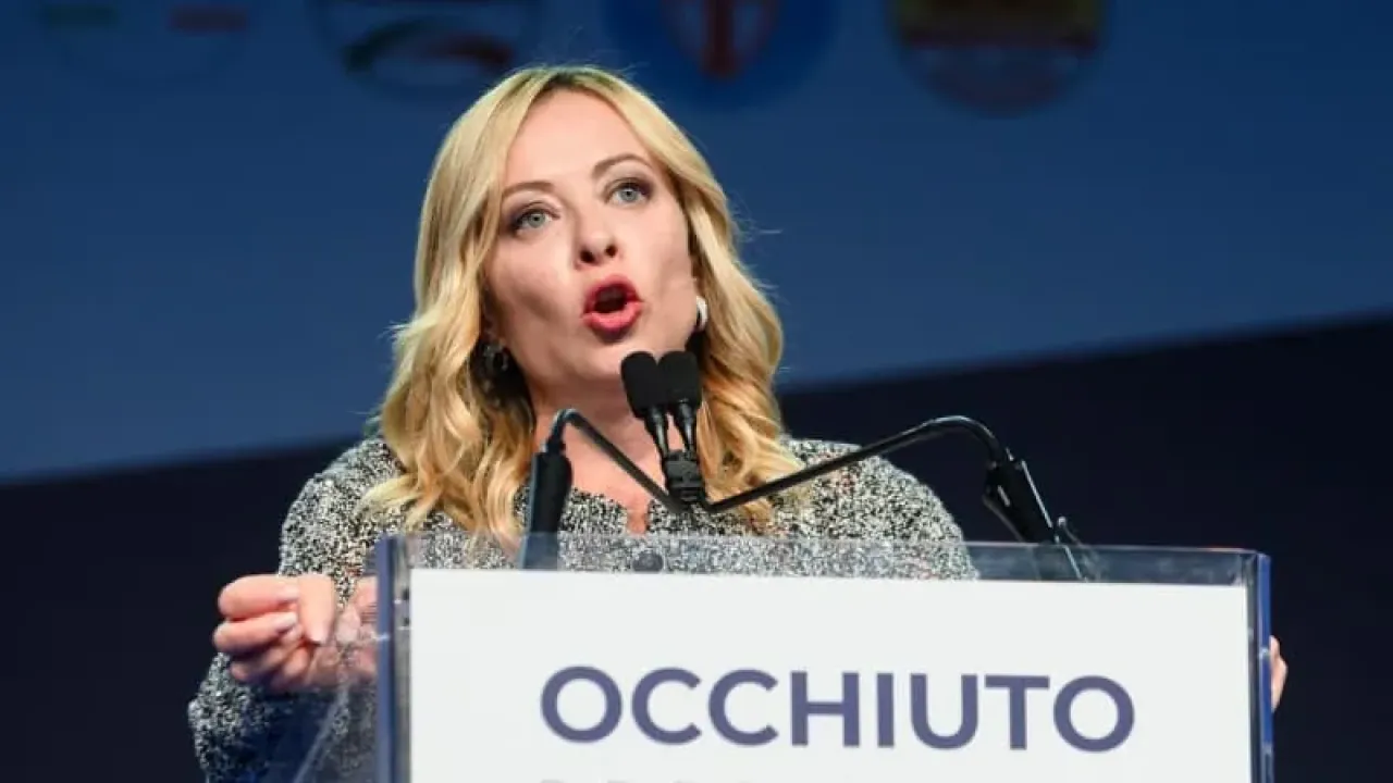 Italian Prime Minister and leader of the Brothers of Italy (FdI) Giorgia Meloni speaks during the electoral rally in support of Roberto Occhiuto, candidate for the Presidency of the Calabria Region, and the other centre-right candidates in the October elections. Valeria Ferraro/ZUMA Press Wire/dpa