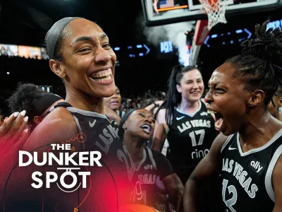 A'ka Wilson celebrates after the Las Vegas Aces advance to the WNBA Finals. (AP Photo/John Locher)