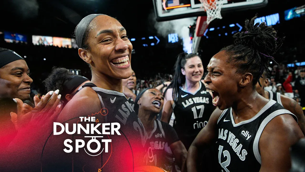 A'ka Wilson celebrates after the Las Vegas Aces advance to the WNBA Finals. (AP Photo/John Locher)