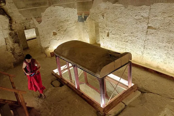A tourist visits the tomb of King Amenhotep III in the Valley of the Kings near the city of Luxor on October 4, 2025. / Credit: -/AFP via Getty Images