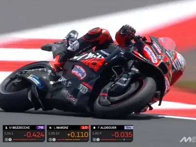 Aksi Marco Bezzecchi (Aprilia) di sesi Q2 MotoGP Mandalika 2025.
