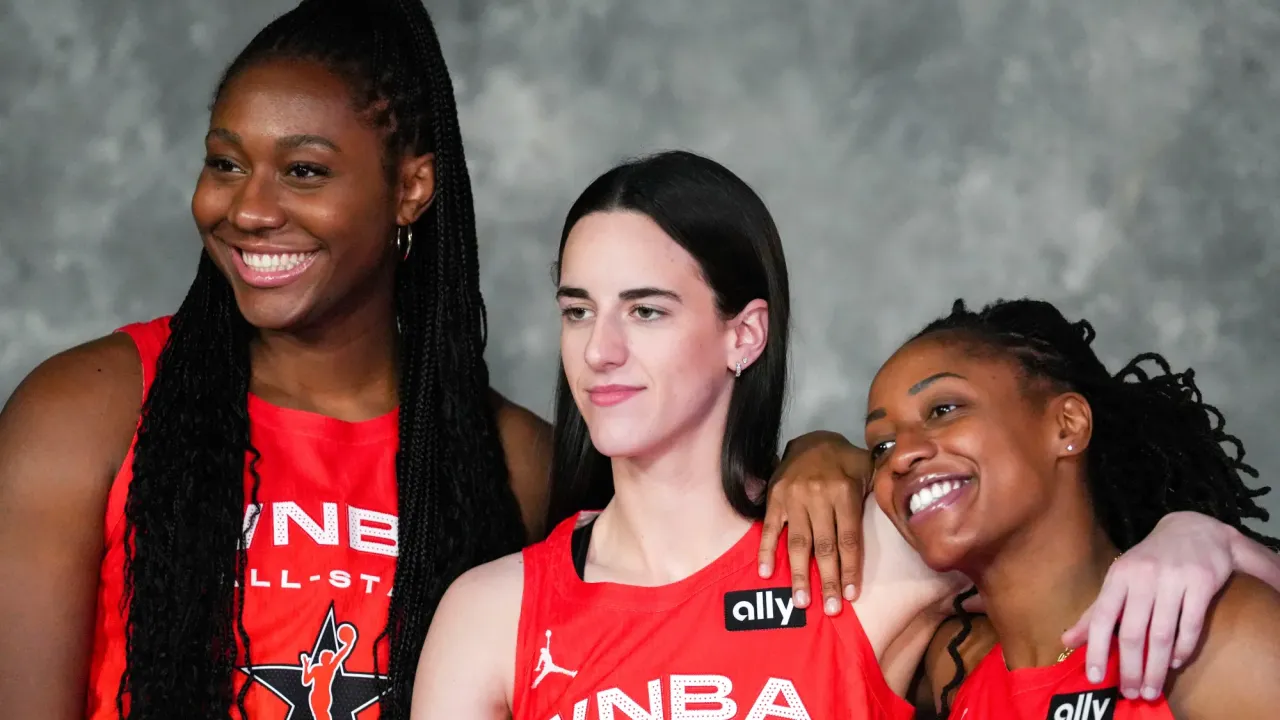 Aliyah Boston (7), Caitlin Clark (22) and Kelsey Mitchell (0) make up the Indiana Fever's Big 3.