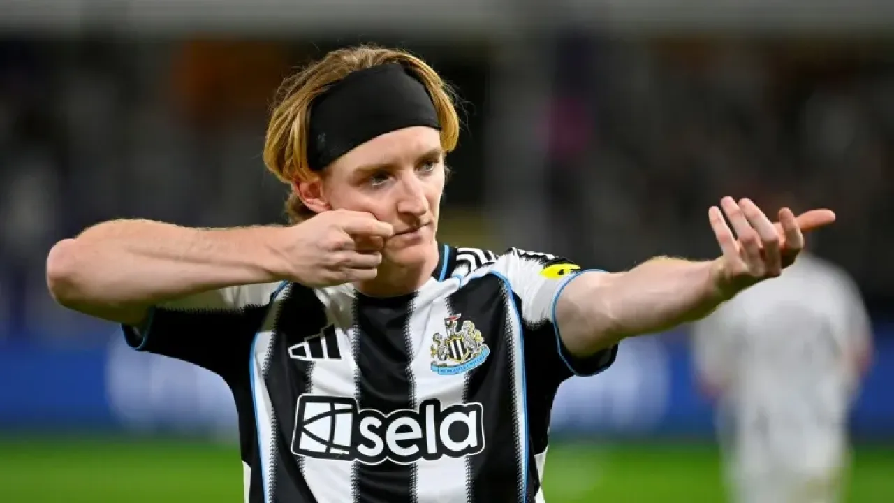 Anthony Gordon scored twice from the spot as Newcastle won in Belgium (JOHN THYS)