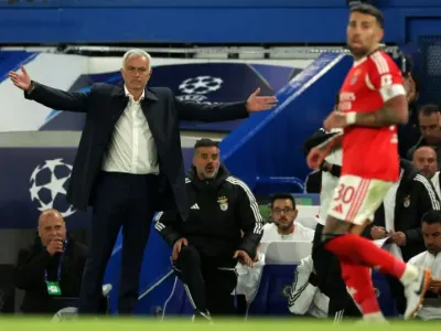 Benfica boss Jose Mourinho watches his side's defeat at Chelsea (Adrian Dennis)